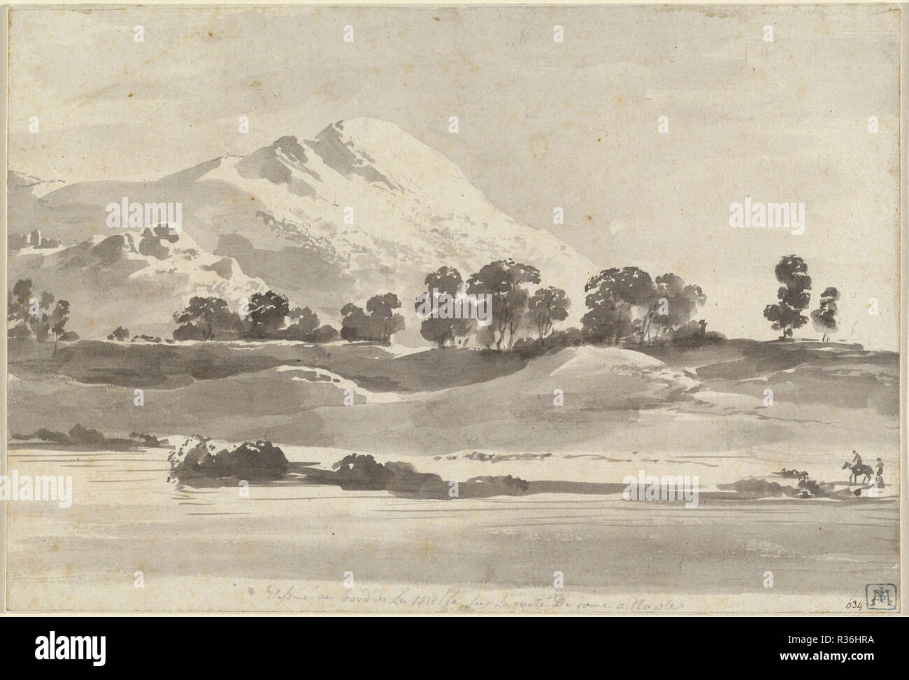 Mount Cairo from across the Melfa River. Dated: c. 1765/1766. Dimensions: overall: 16.1 x 23.9 cm (6 5/16 x 9 7/16 in.). Medium: brush and gray wash on laid paper; laid down. Museum: National Gallery of Art, Washington DC. Author: Jean-Jacques de Boissieu. Stock Photo