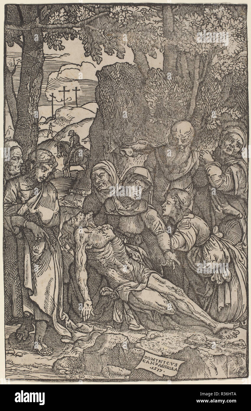Lamentation of Christ. Dated: 1517. Dimensions: sheet (trimmed to image): 28 x 18 cm (11 x 7 1/16 in.). Medium: woodcut. Museum: National Gallery of Art, Washington DC. Author: Domenico Campagnola. Stock Photo