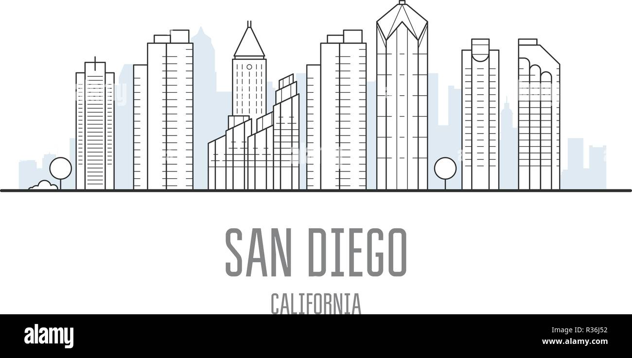 San Diego city skyline - skyscrapers and landmarks of San Diego, cityscape Stock Vector