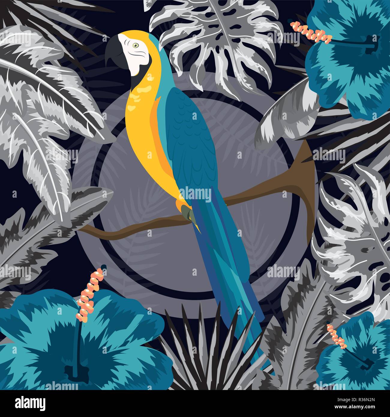 seamless floral pattern with parrot round icon cartoon vector ...