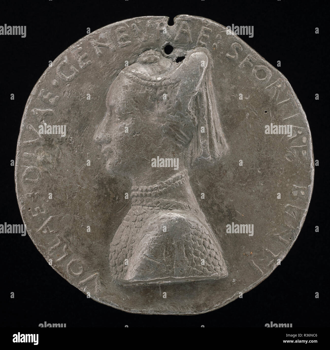 Ginevra Sforza, 1442-1507, Wife of GIovanni II Bentivoglio 1464. Dated: c. 1464. Dimensions: overall (diameter): 8.6 cm (3 3/8 in.) gross weight: 200 gr. Medium: lead//Twice pierced. Museum: National Gallery of Art, Washington DC. Author: Antonio Marescotti. Stock Photo