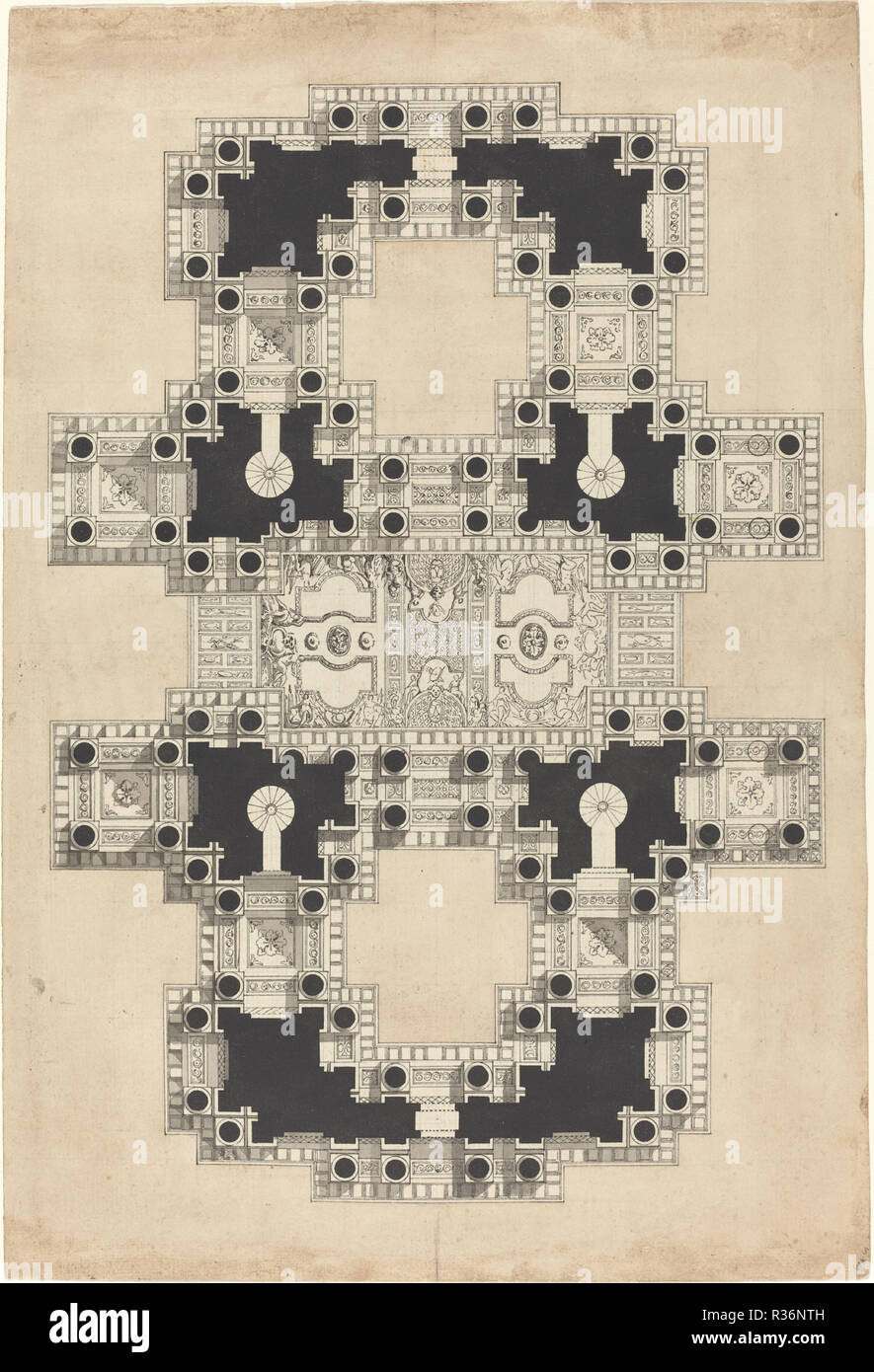 Plan for a Decorated Ceiling. Dated: c. 1750. Dimensions: overall: 34.4 x 23.4 cm (13 9/16 x 9 3/16 in.). Medium: pen and black and gray ink with gray and black wash on laid paper. Museum: National Gallery of Art, Washington DC. Author: Pierre Varin. Stock Photo