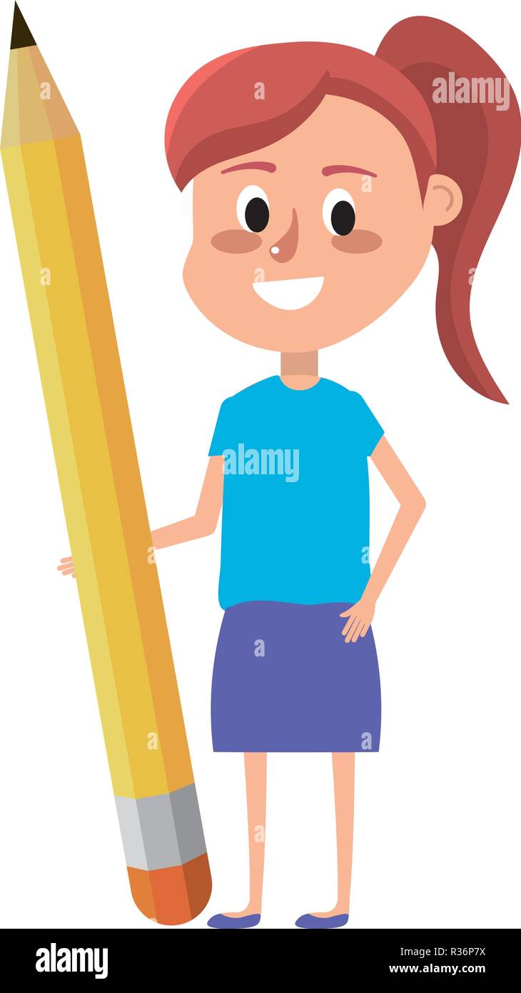 elementary school girl holding big pencil cartoon vector illustration ...