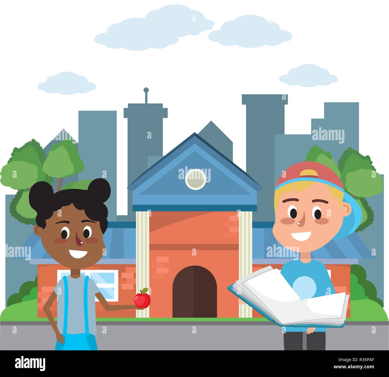 elementary school students in front school building cartoon vector ...