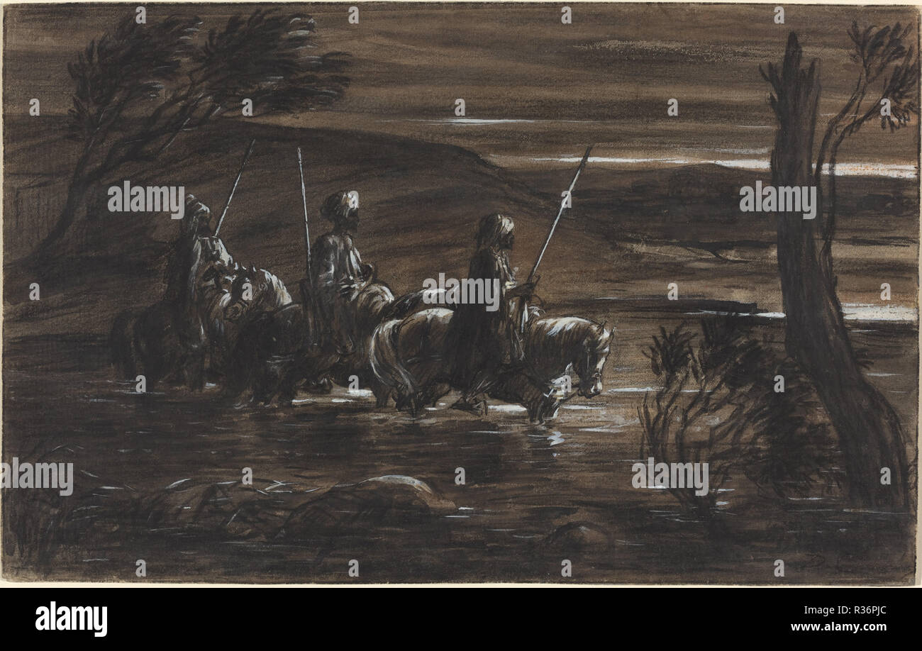 Three Arab Horsemen Crossing a River. Dated: c. 1835. Dimensions: overall: 19 x 30 cm (7 1/2 x 11 13/16 in.). Medium: charcoal with white heightening and black ink on wove paper. Museum: National Gallery of Art, Washington DC. Author: Decamps, Alexandre-Gabriel. Stock Photo