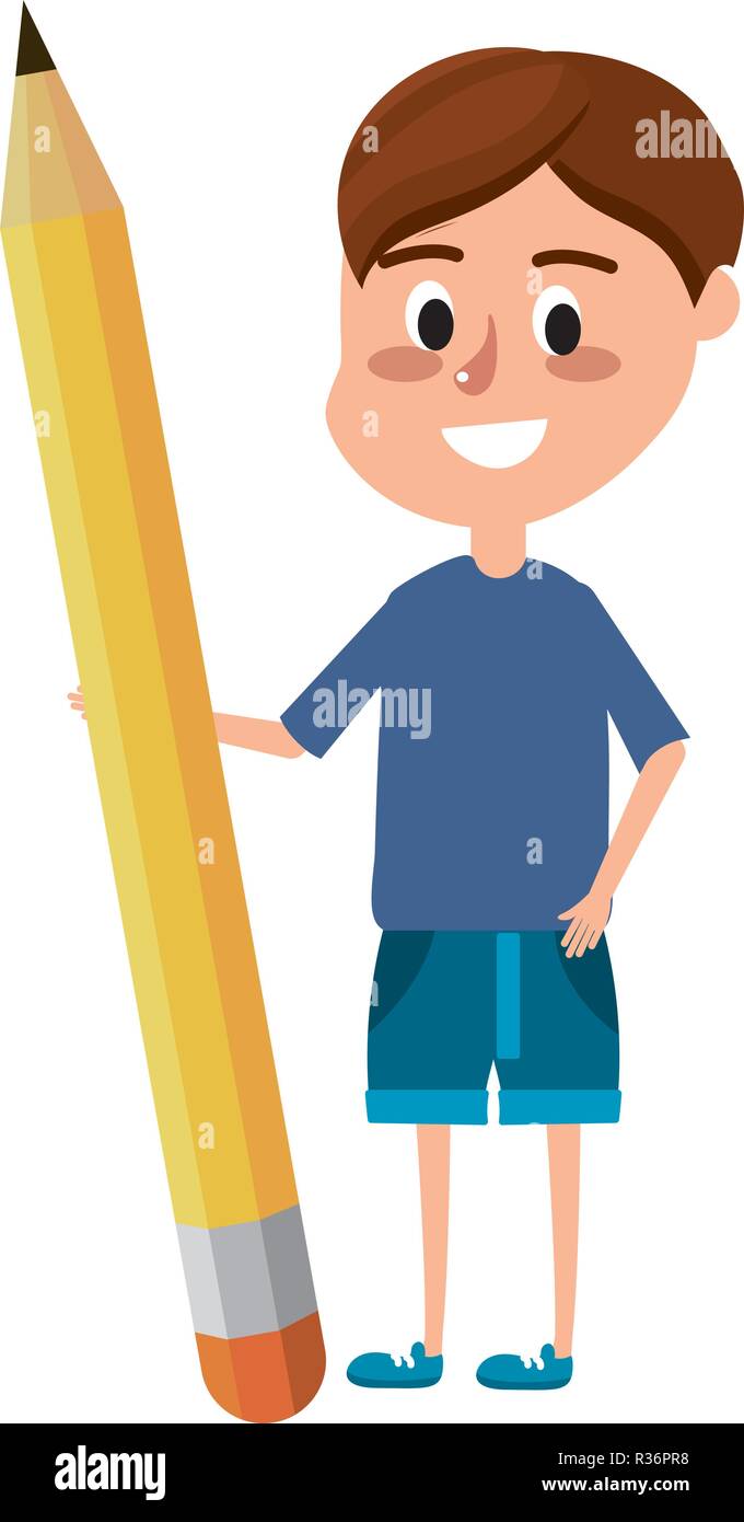 elementary school student boy with big pencil cartoon vector ...
