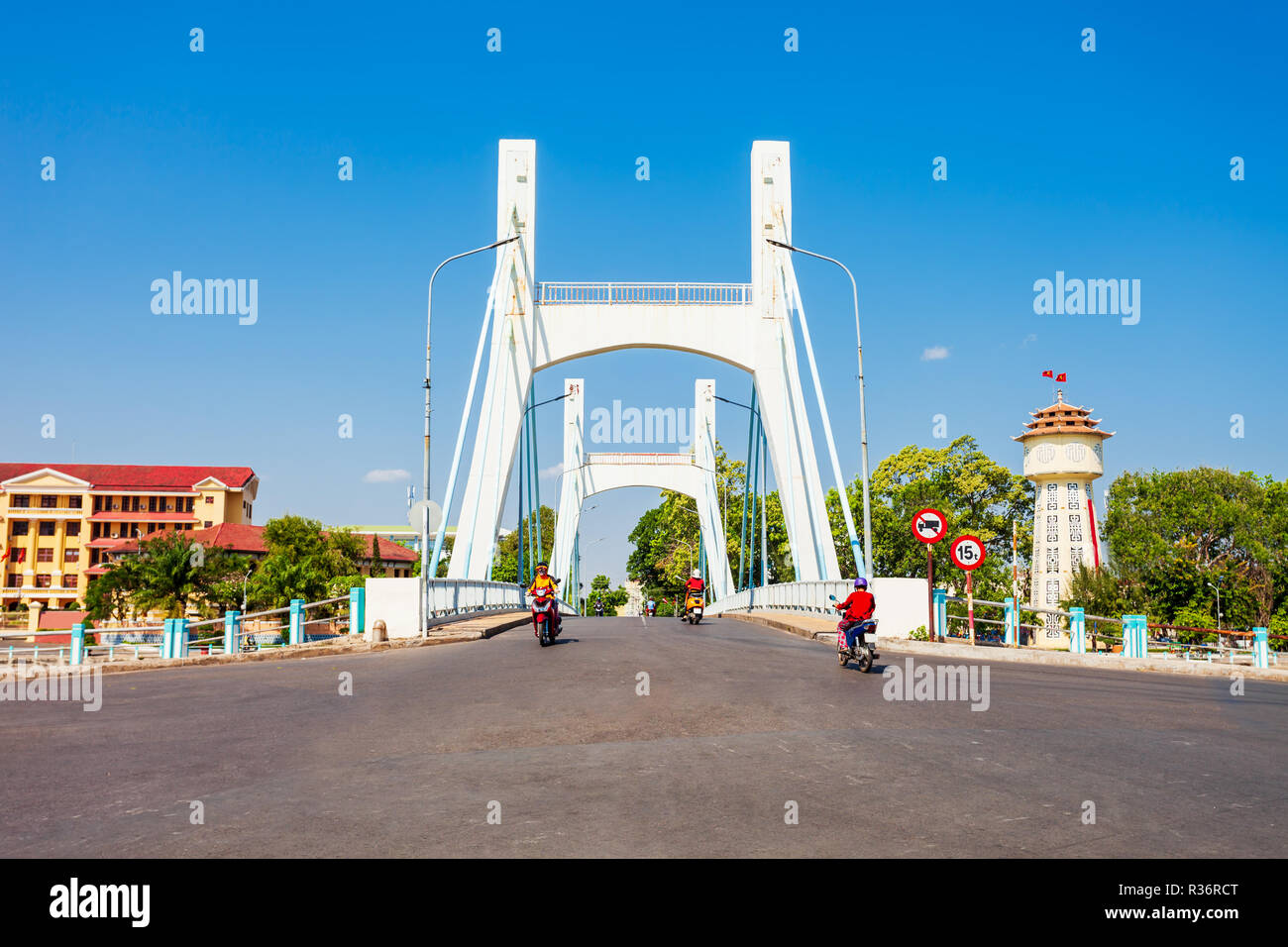 Cau Le Hong Phong Bridge and water tower in Phan Thiet city near Mui Ne in Vietnam Stock Photo