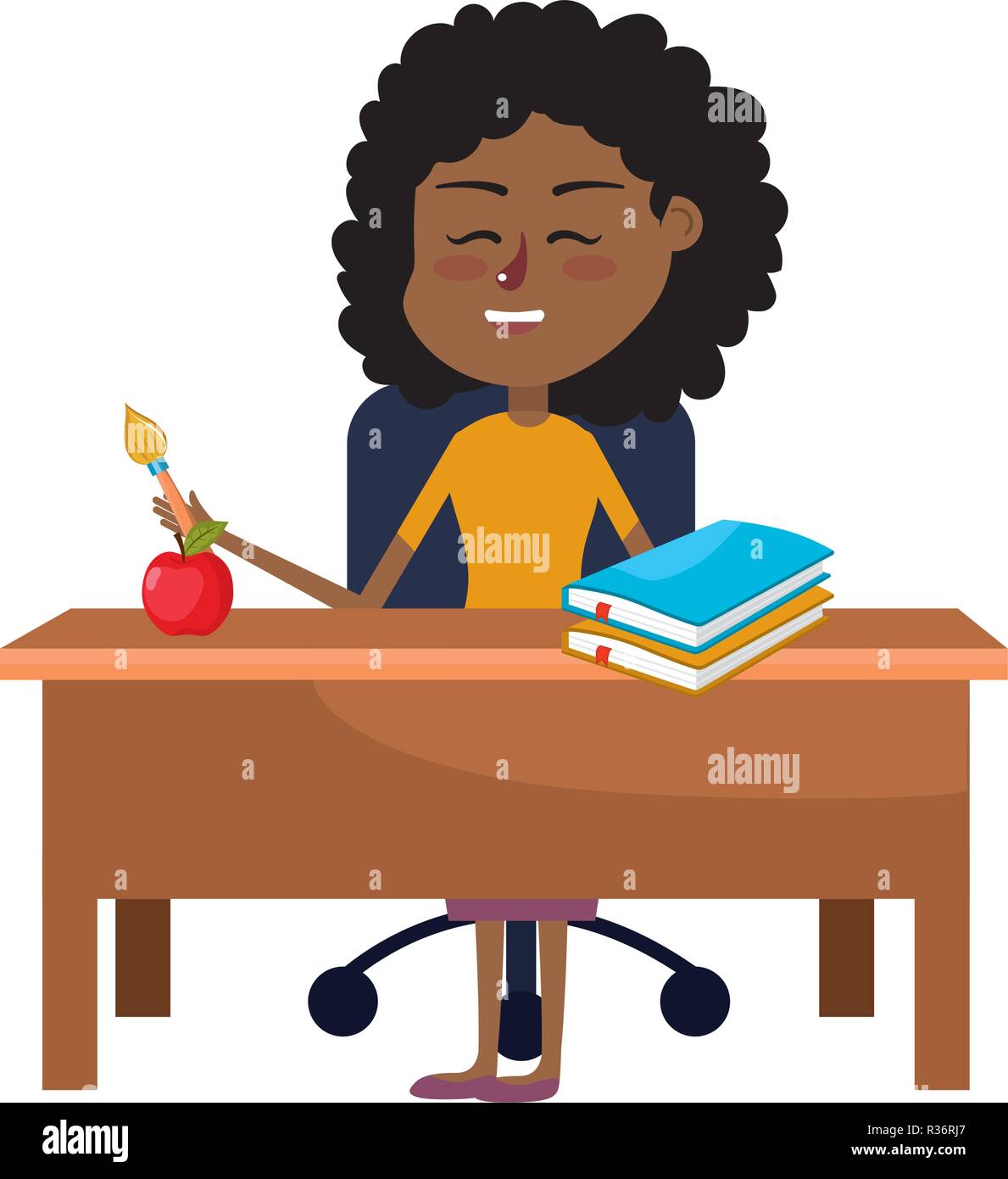 Elementary School Teacher On Desk With Books And Apple Cartoon
