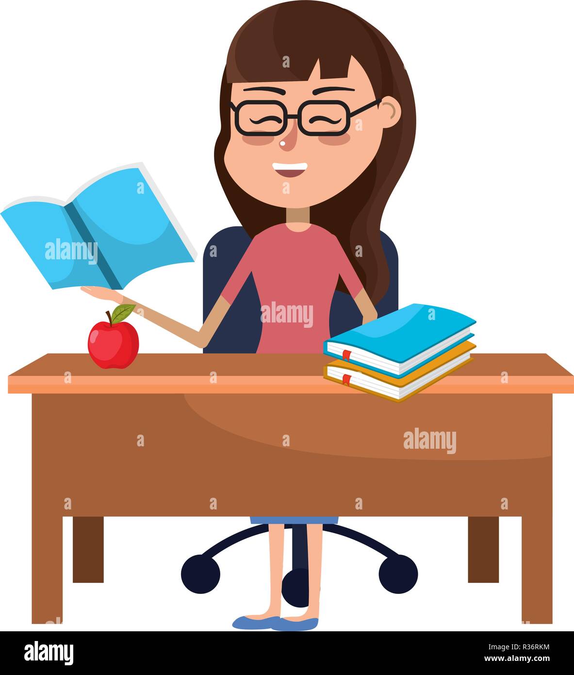 Elementary School Teacher On Desk With Books And Apple Cartoon