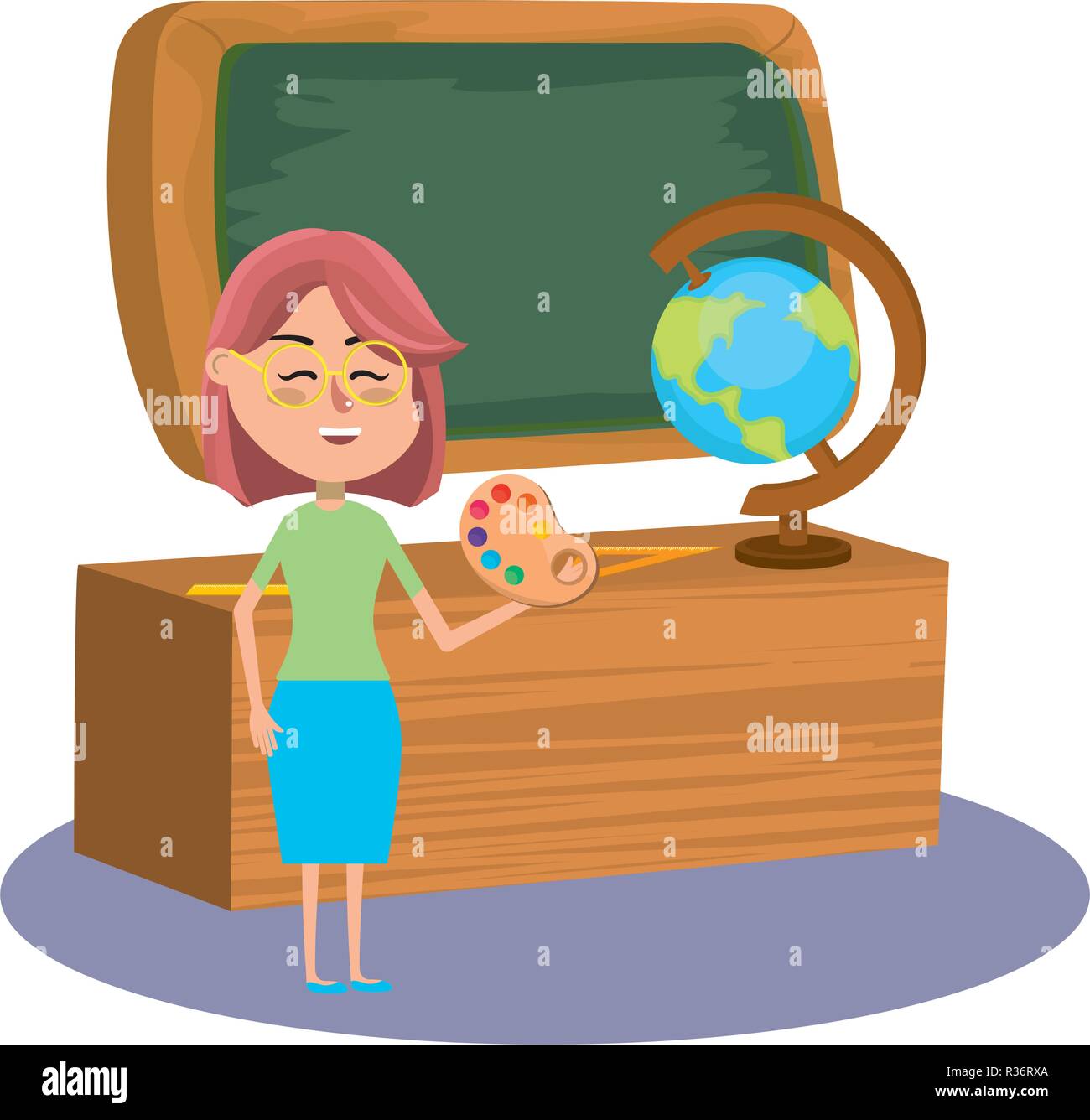 Elementary School Teacher In The Classroom In Front Desk And Board