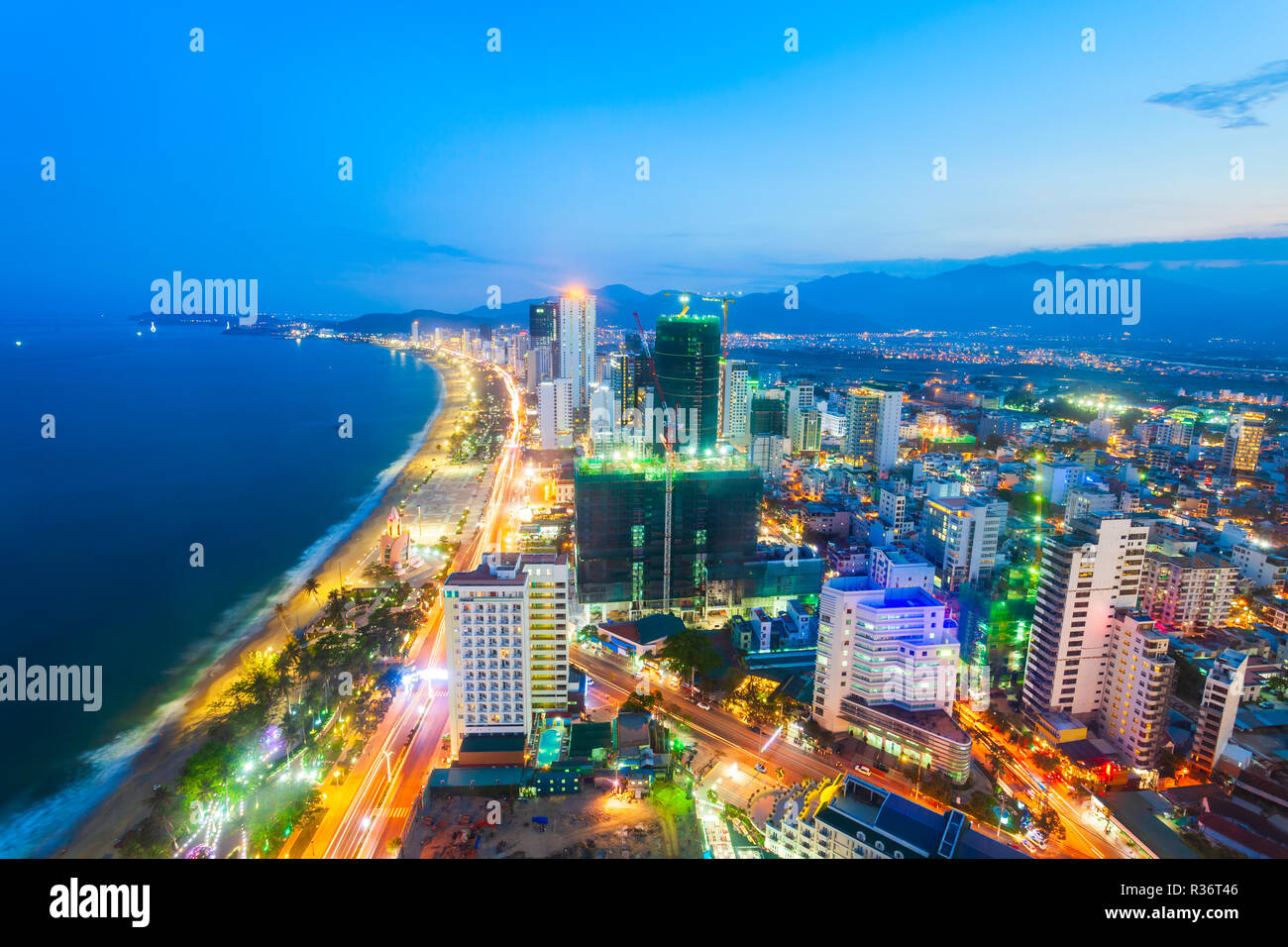 Nha Trang city skyline aerial panoramic view at sunset in south Vietnam ...