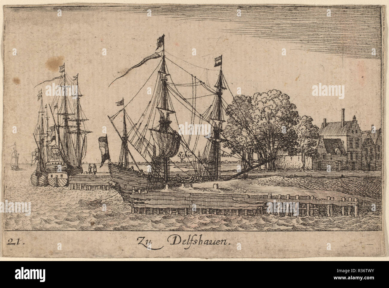 Delfshaven. Dated: 1635. Medium: etching. Museum: National Gallery of Art, Washington DC. Author: Wenceslaus Hollar. Stock Photo