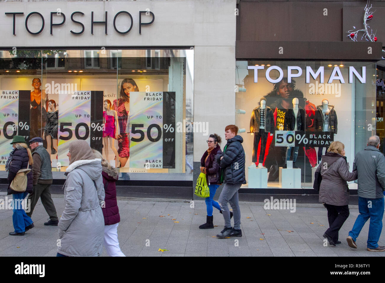 TopShop & TopMan stores in Liverpool One, Merseyside. UK Weather. 21st  November 2018. Cold, blustery and overcast as the city retail district  prepares for one of the busiest days of the year