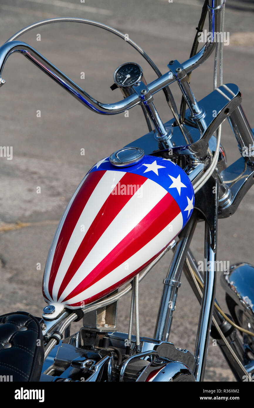 Custom Easy Rider Harley Davidson chopper Motorcycle at Brooklands motorcycle show. Brooklands, Weybridge, Surrey, England Stock Photo