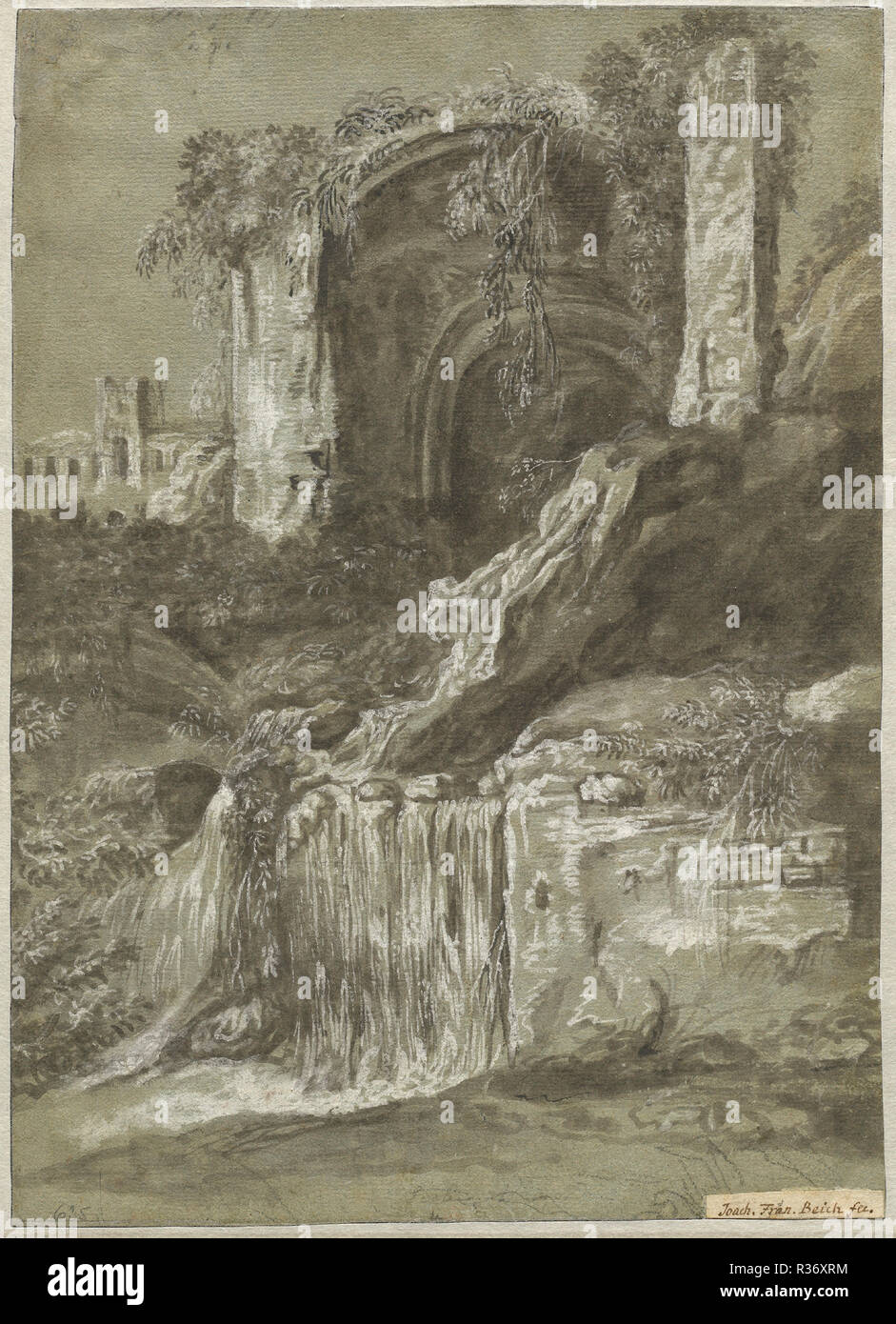 A Waterfall with Ruins (verso). Dated: 1704/1714. Medium: gray wash heightened with white gouache on blue laid paper. Museum: National Gallery of Art, Washington DC. Author: Joachim Franz Beich. Stock Photo