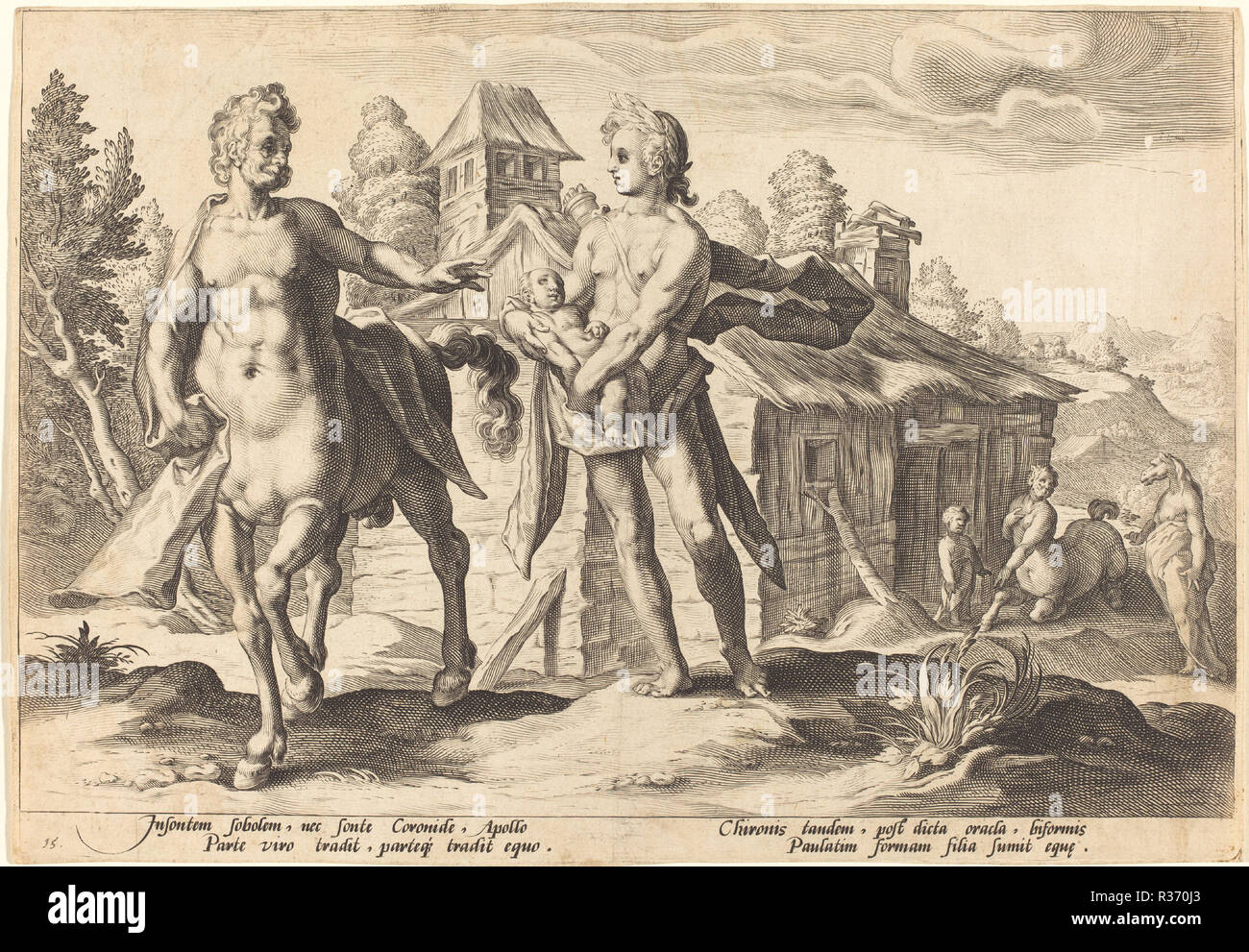 Apollo Entrusting Chiron with the Education of Asclepius. Dimensions: overall: 17.9 x 25.4 cm (7 1/16 x 10 in.). Medium: engraving on laid paper. Museum: National Gallery of Art, Washington DC. Author: Workshop of Hendrick Goltzius, after Hendrick Goltzius. Dutch 16th Century after Hendrik Goltzius. Stock Photo