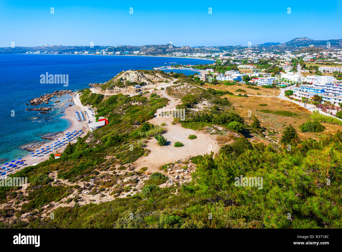 Faliraki beach aerial panoramic view in Rhodes island in Greece Stock Photo