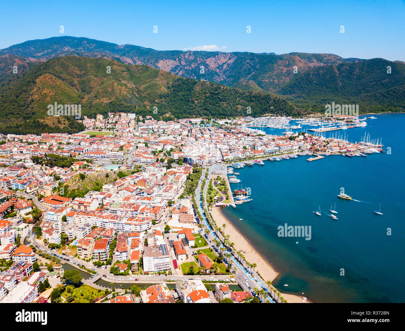 Marmaris city aerial panoramic view in Marmaris city in Turkey Stock ...