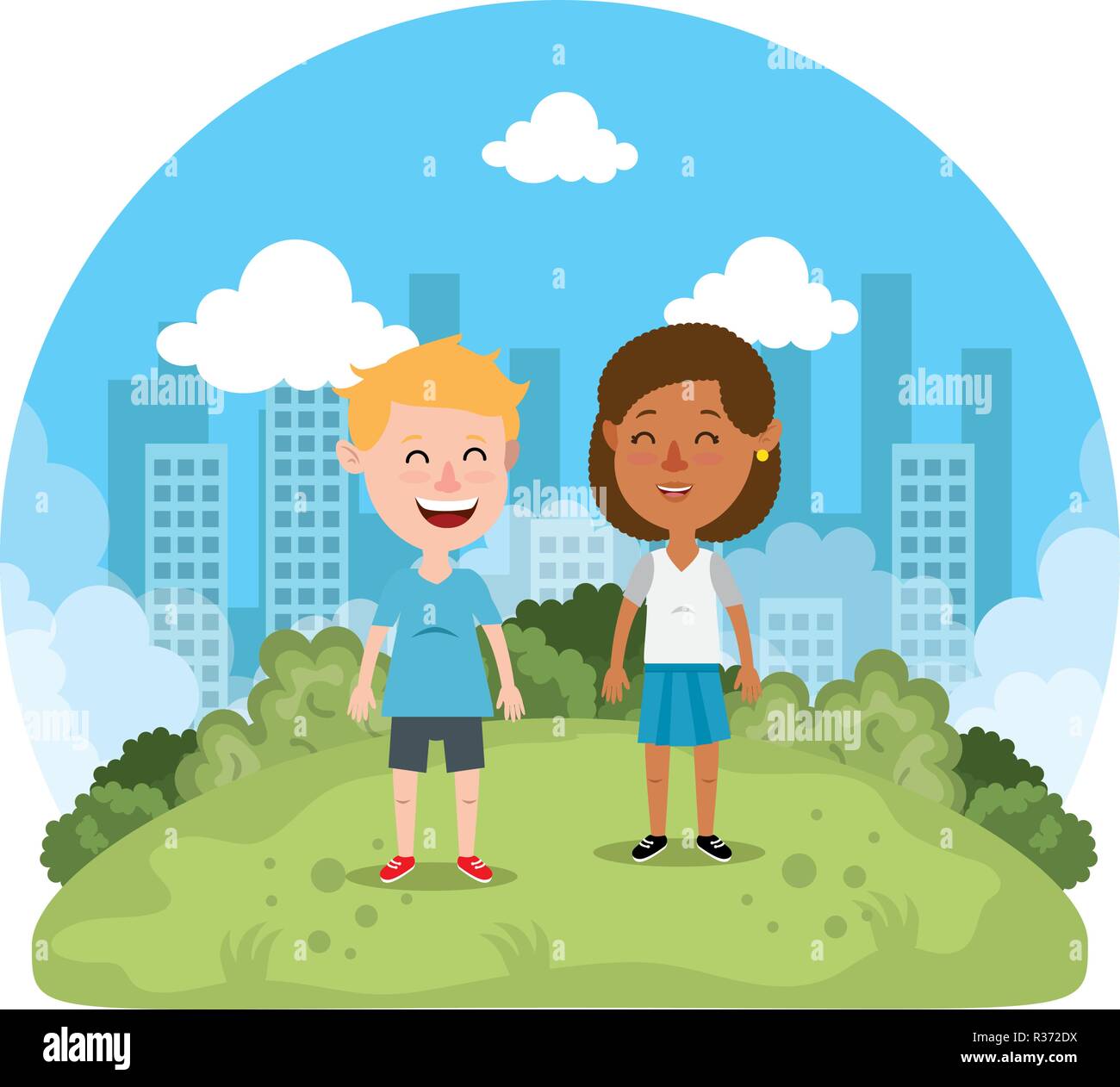 cute little kids couple in the park vector illustration design Stock ...