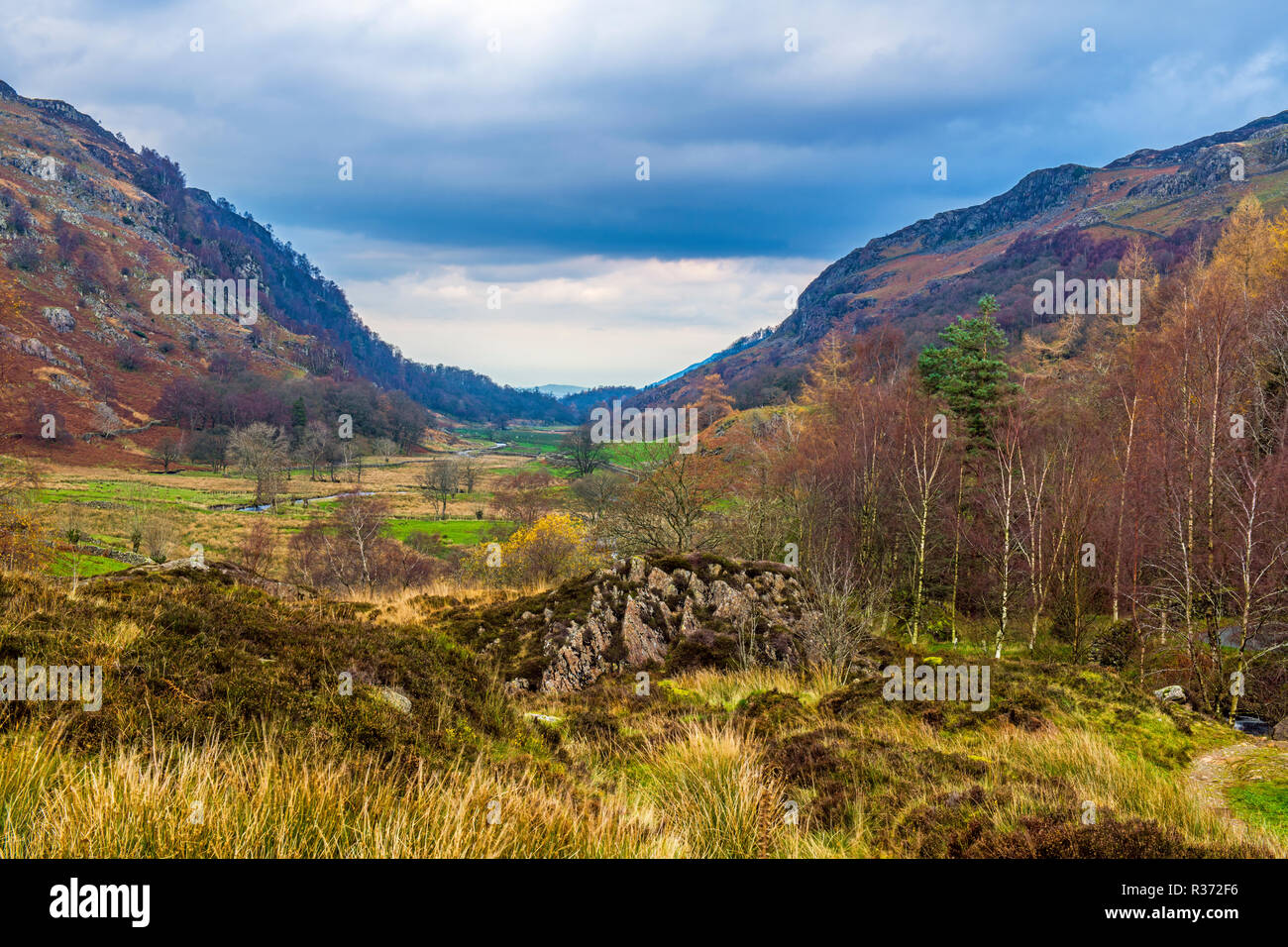 The valley running down from Watendlath towards Borrowdale and Derwent Water in the Lake District National Park Stock Photo