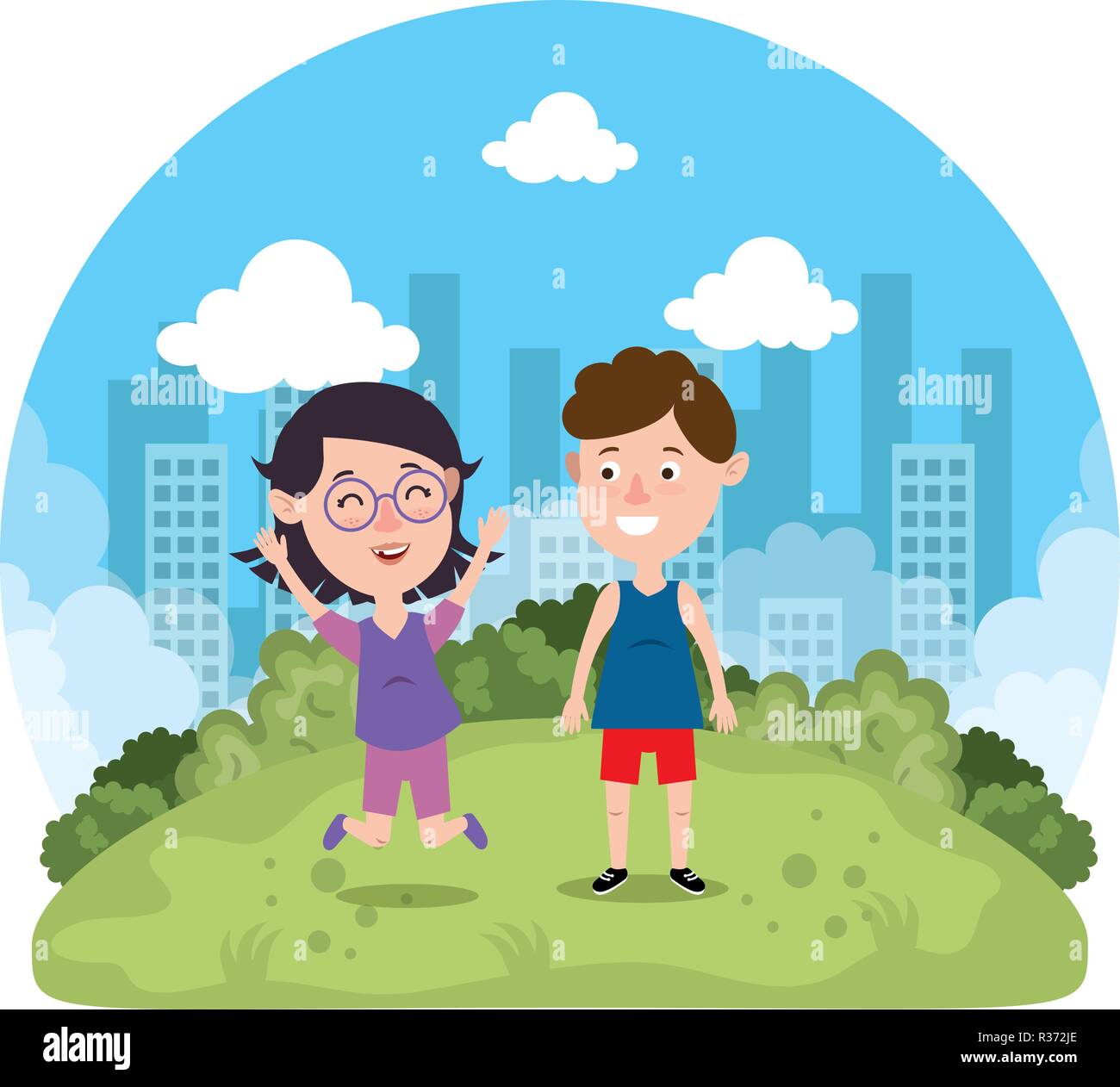 cute little kids couple in the park vector illustration design Stock ...