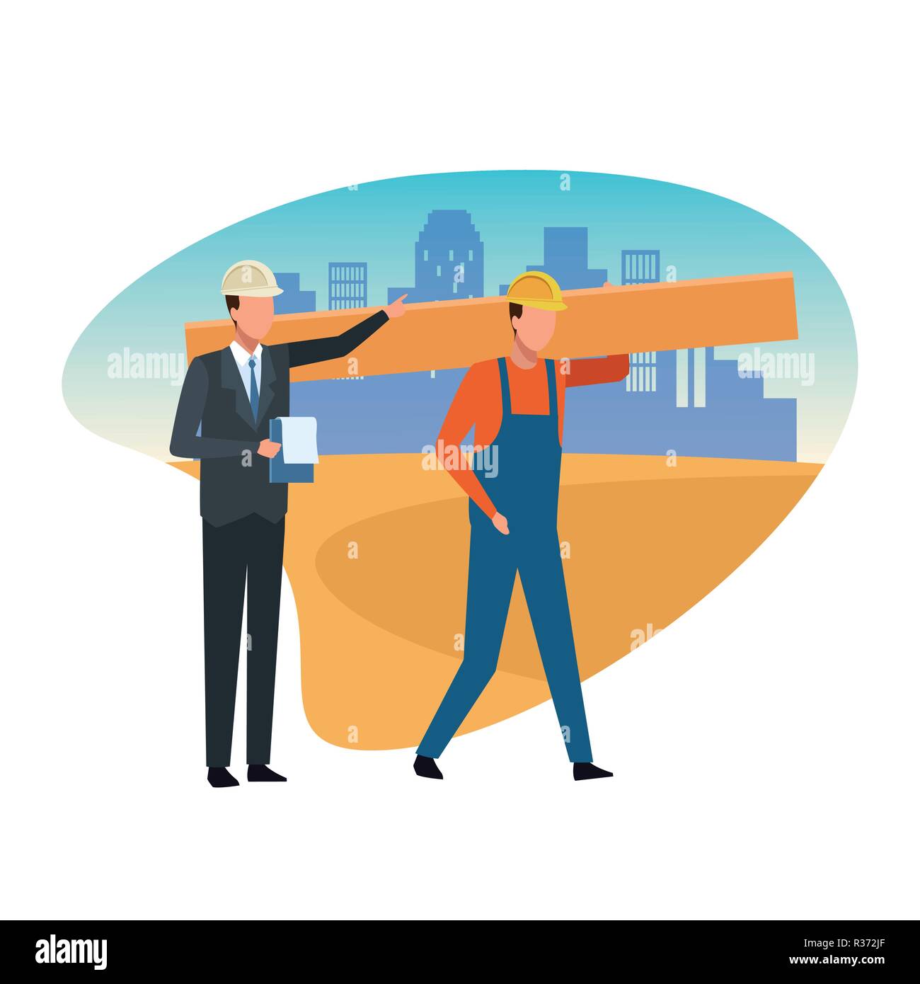 Construction worker and architect teamwork avatar vector illustration ...