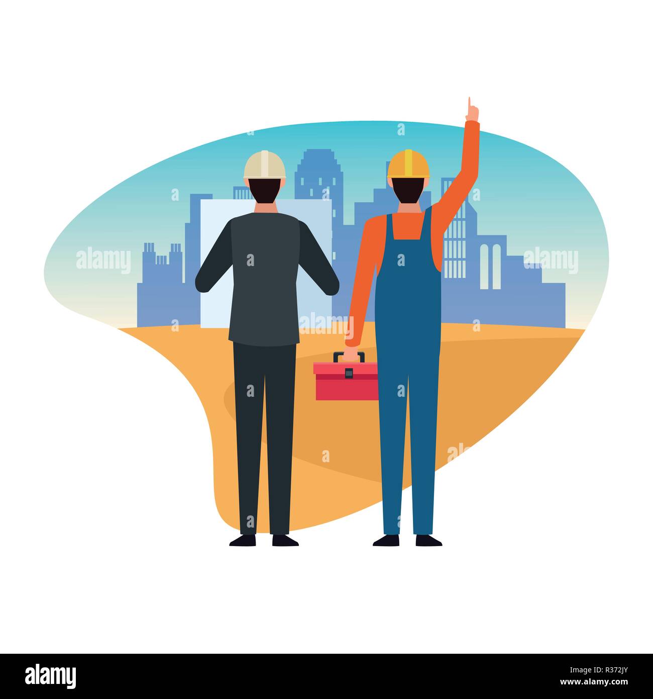 Construction worker and architect teamwork avatar vector illustration ...