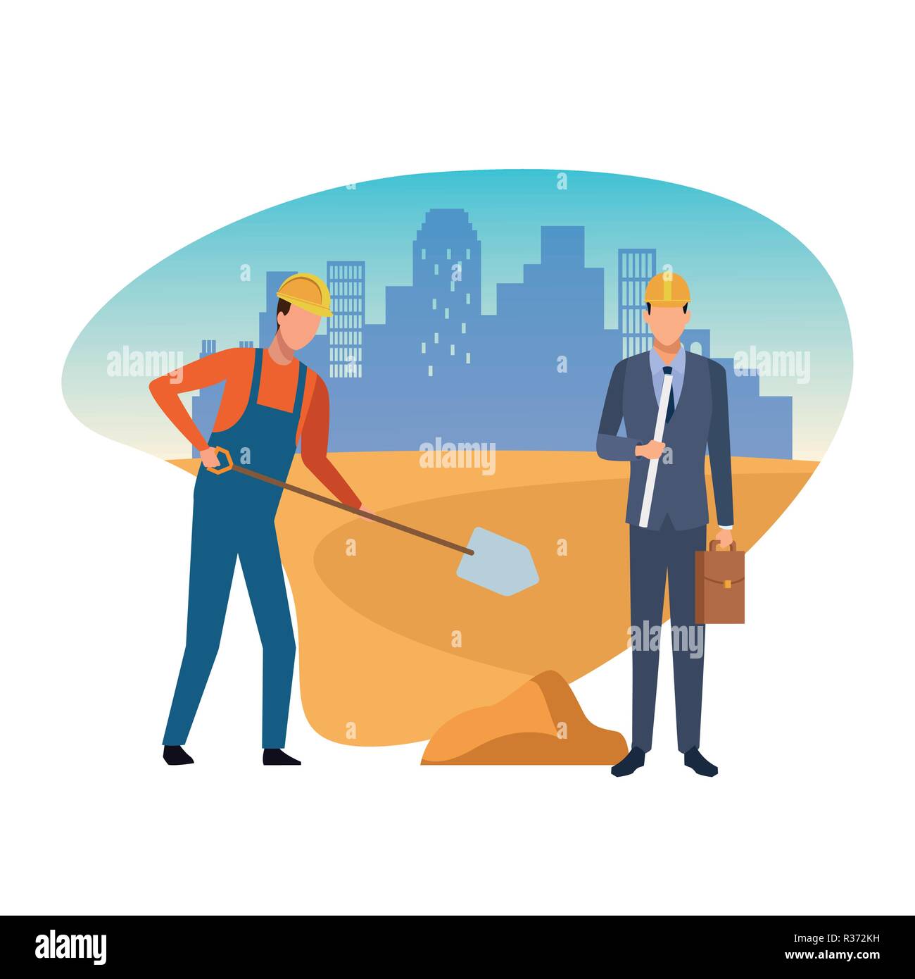 Construction worker and architect teamwork avatar vector illustration ...