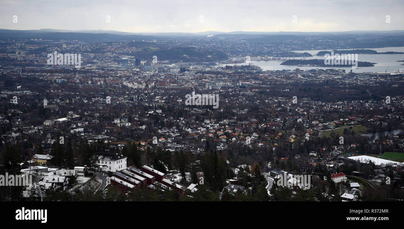 A view over the city of Oslo from the top of the Holmenkollen ski jump in Norway. Stock Photo