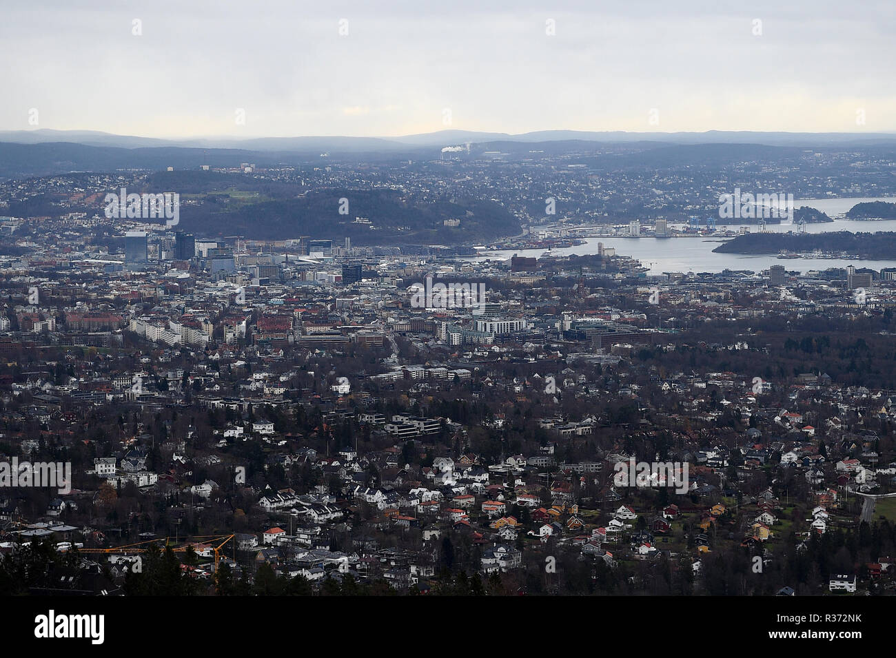A view over the city of Oslo from the top of the Holmenkollen ski jump in Norway. Stock Photo