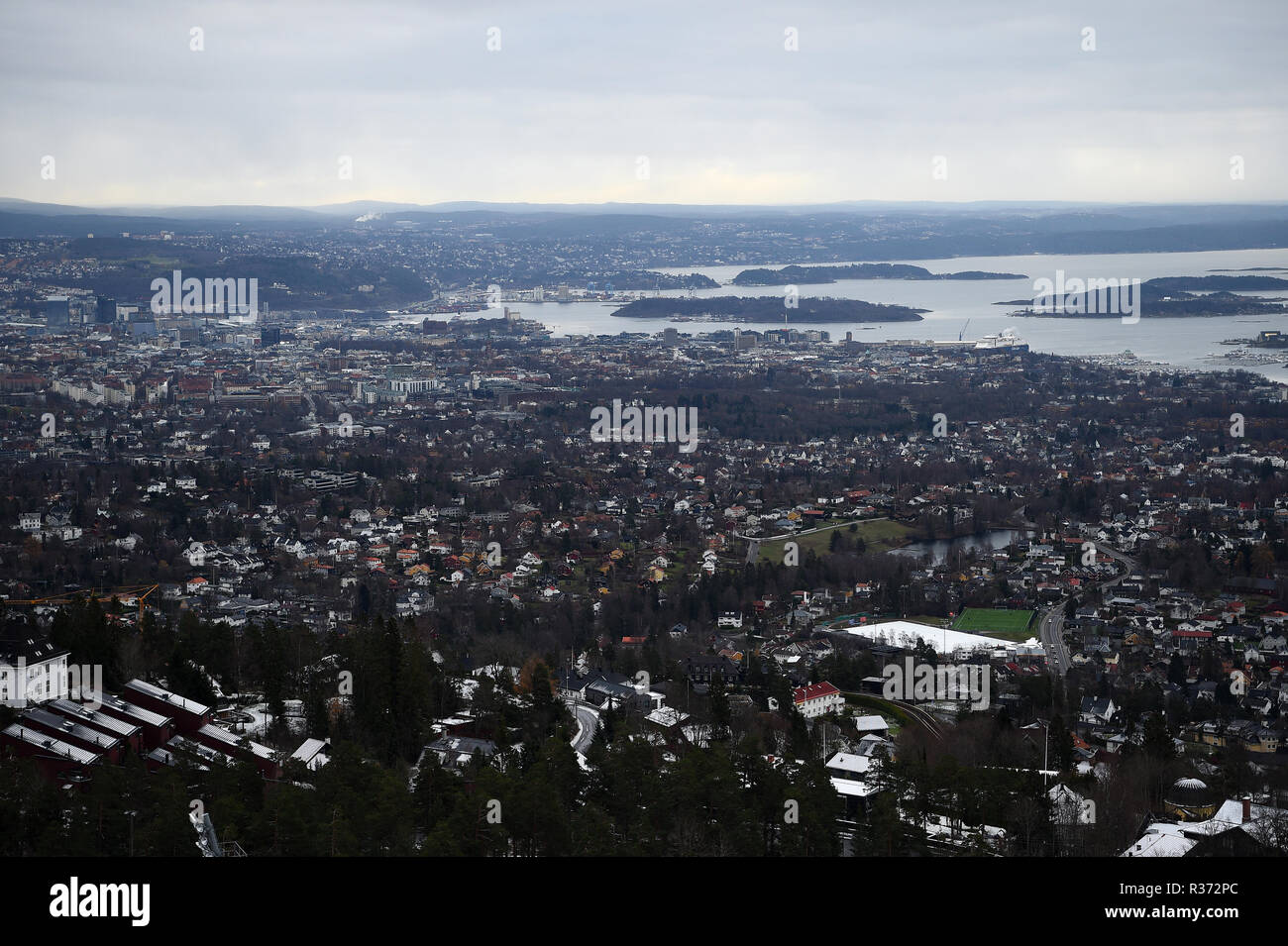 A view over the city of Oslo from the top of the Holmenkollen ski jump in Norway. Stock Photo