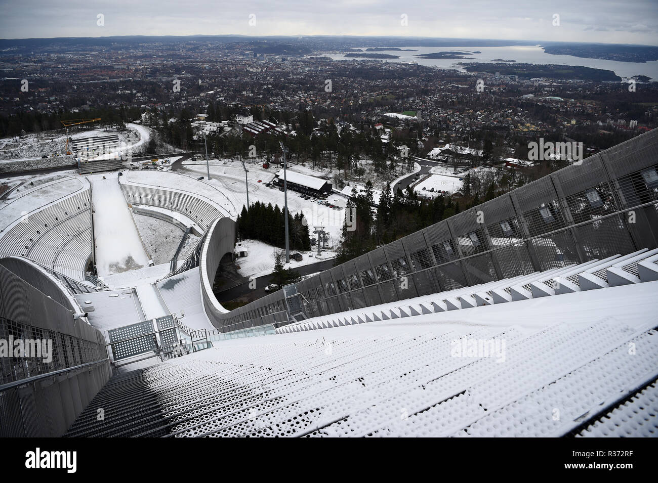 A view from the top of the Holmenkollen ski jump in Oslo, Norway. Stock Photo