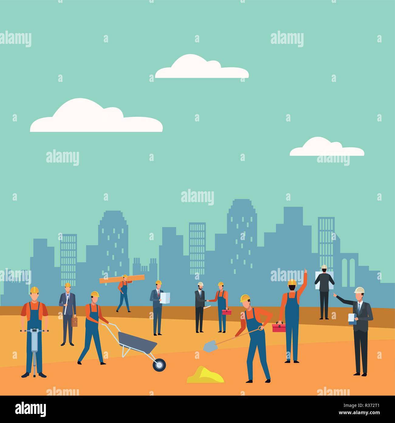 workers and architects at construction zone over cityscape vector ...