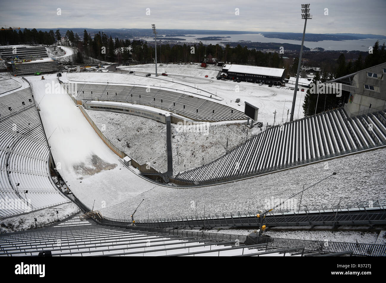A view from the top of the Holmenkollen ski jump in Oslo, Norway ...