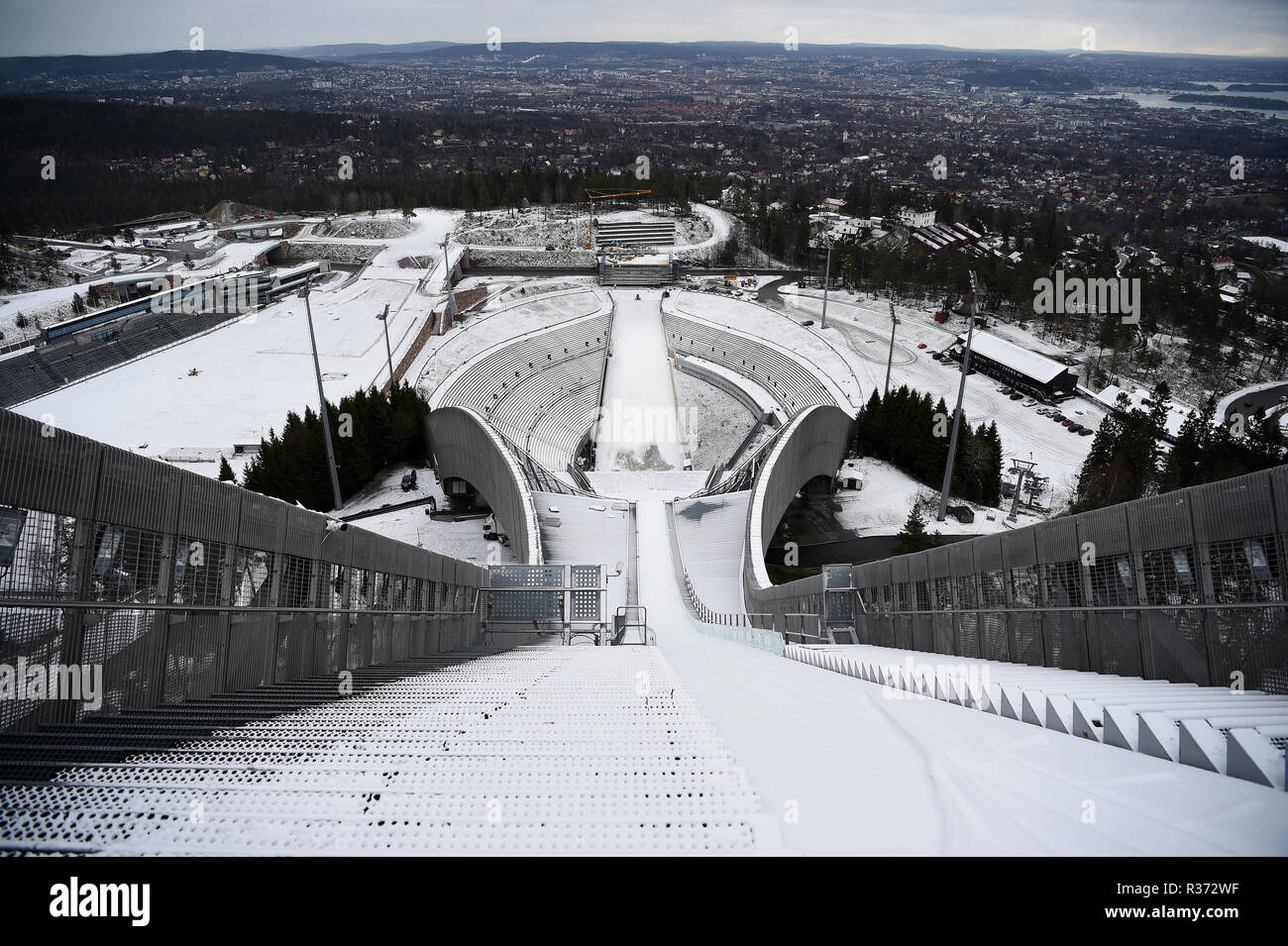 A view from the top of the Holmenkollen ski jump in Oslo, Norway. Stock Photo