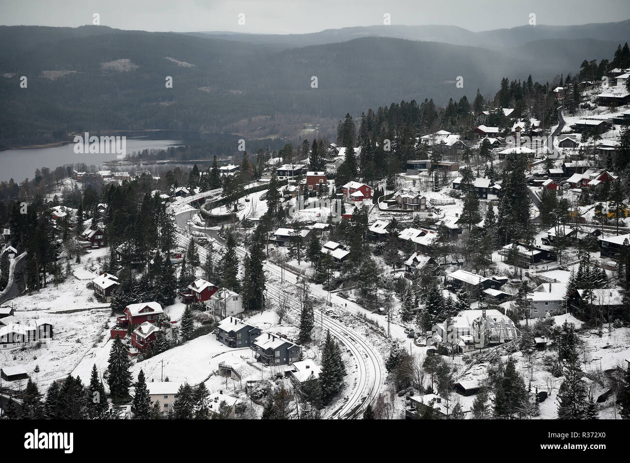 A view of the town of Holmenkollen from the top of the Holmenkollen ski jump in Oslo, Norway. Stock Photo
