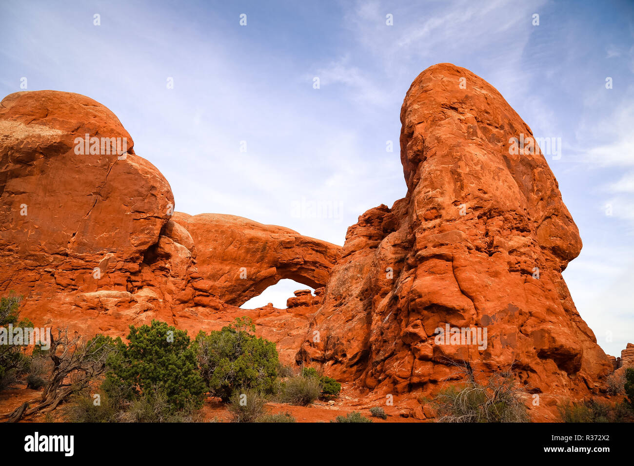 low angle view of a geological formation in arches national park in the utah desert Stock Photo