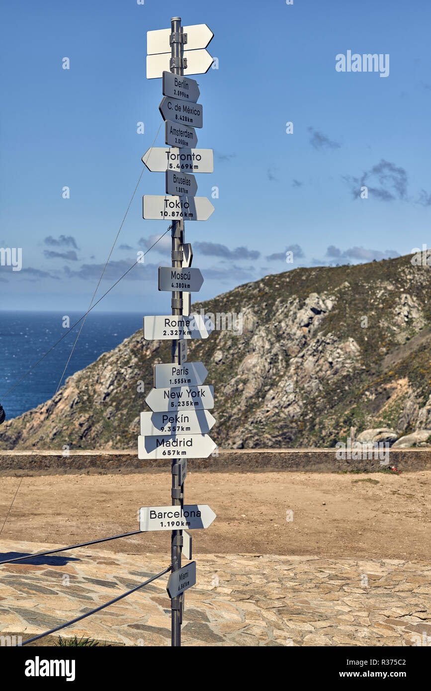 Informative signal on the cliff edge of Cape Finisterre - Fisterra - La Coruña, Galicia, Spain, Europe Stock Photo