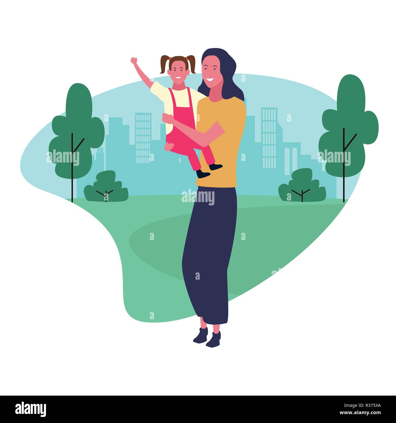 family mother and daughter with parkscape vector illustration graphic ...