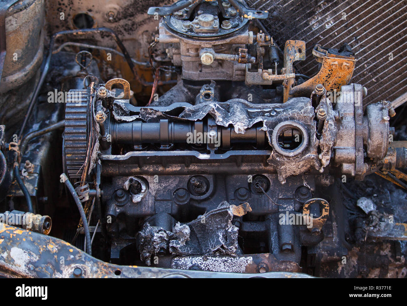 Closeup photo of a burn out car engine caused by fire Stock Photo Alamy