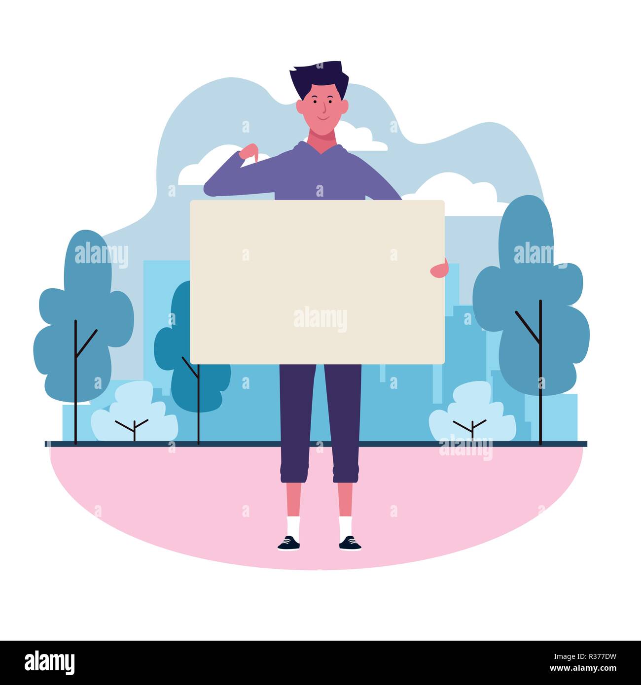people with posters single person with round icon and parkscape vector ...
