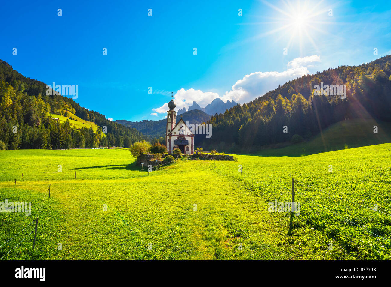San Giovanni or St Johann in Ranui chapel, Funes Valley, Dolomites Alps. Trentino Alto Adige Sud Tyrol, Italy, Europe Stock Photo