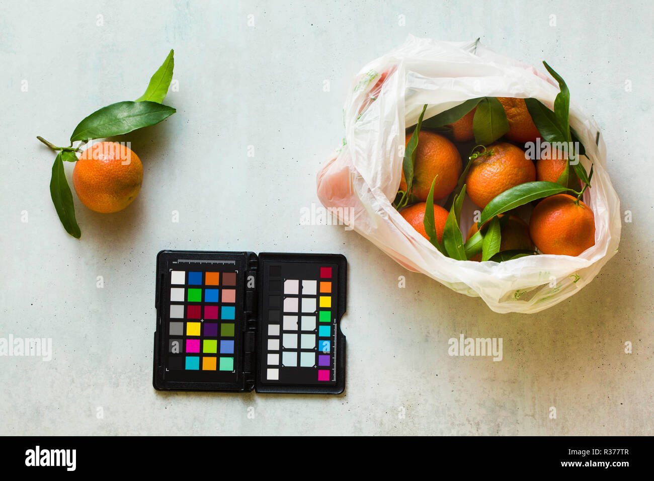 Color checker in food photography. bag of mandarin on the table. color