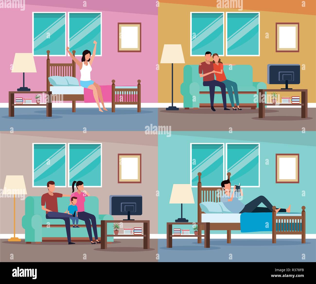 people routines at home avatar cartoons vector illustration graphic ...
