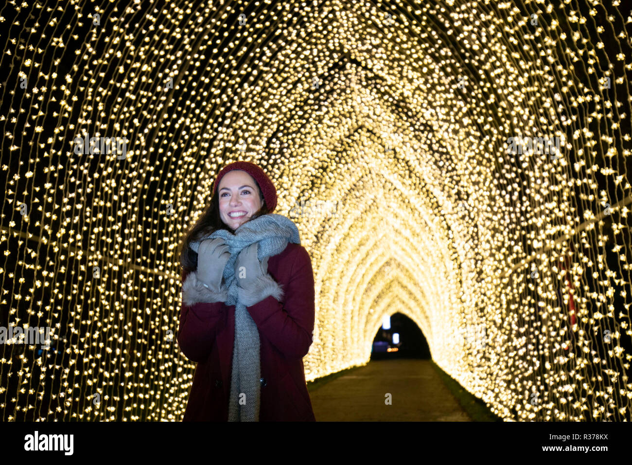 A lady looks at over one million lights that are illuminated, as part of Kew Garden's after-dark landscape trail at the Royal Botanic Gardens in Richmond. Stock Photo