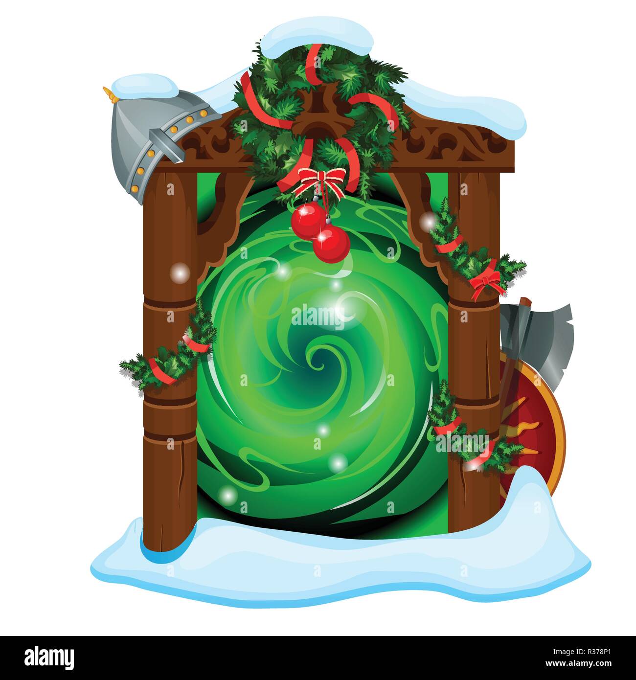 Opened portal with wooden frame decorated with Christmas and New Year baubles isolated on white background. Sample of poster, party invitation, greeting card. Vector cartoon close-up illustration. Stock Vector