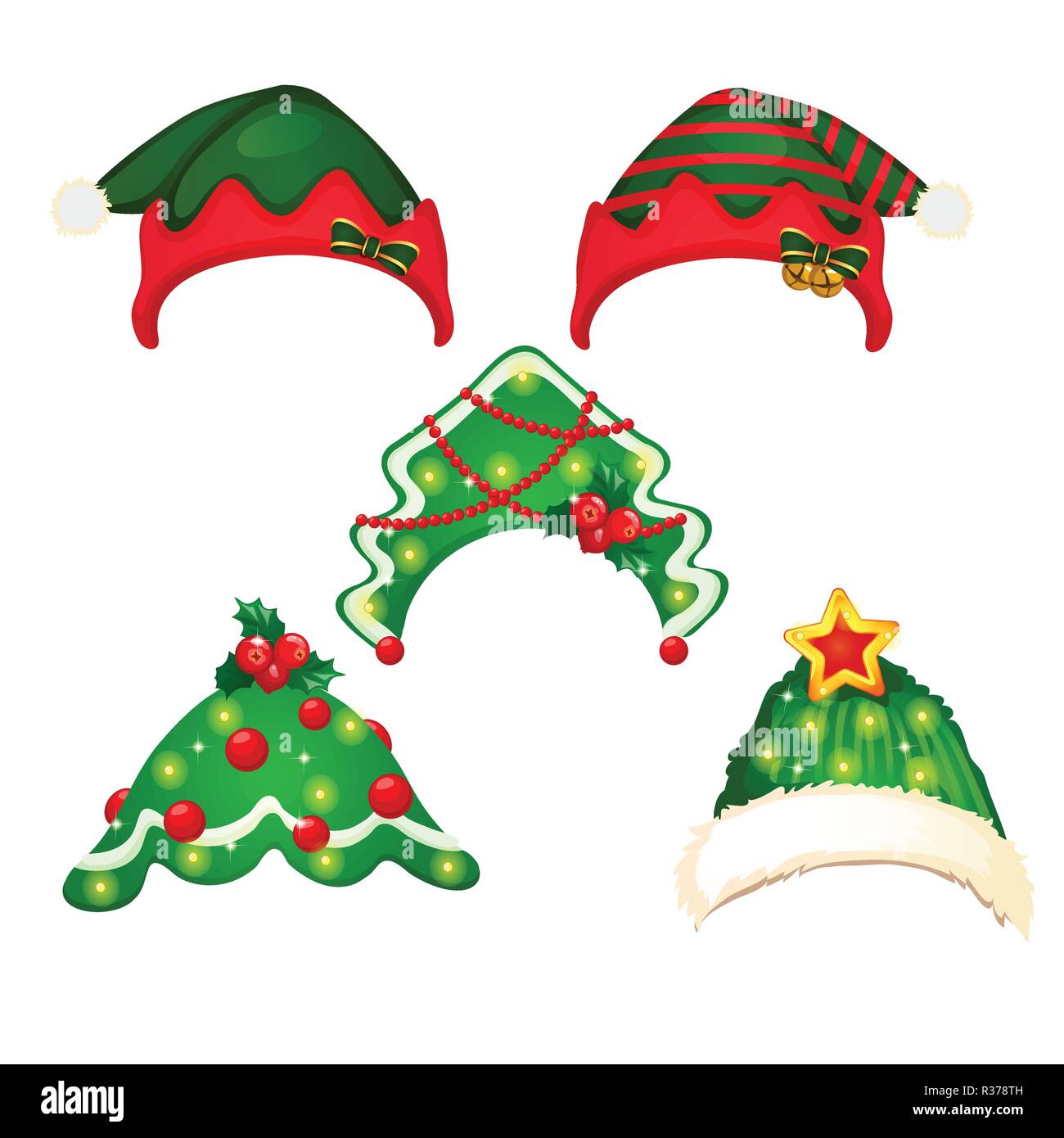 A set of hat and headbands in the style of Christmas and New year isolated on white background. Vector cartoon close-up illustration. Stock Vector