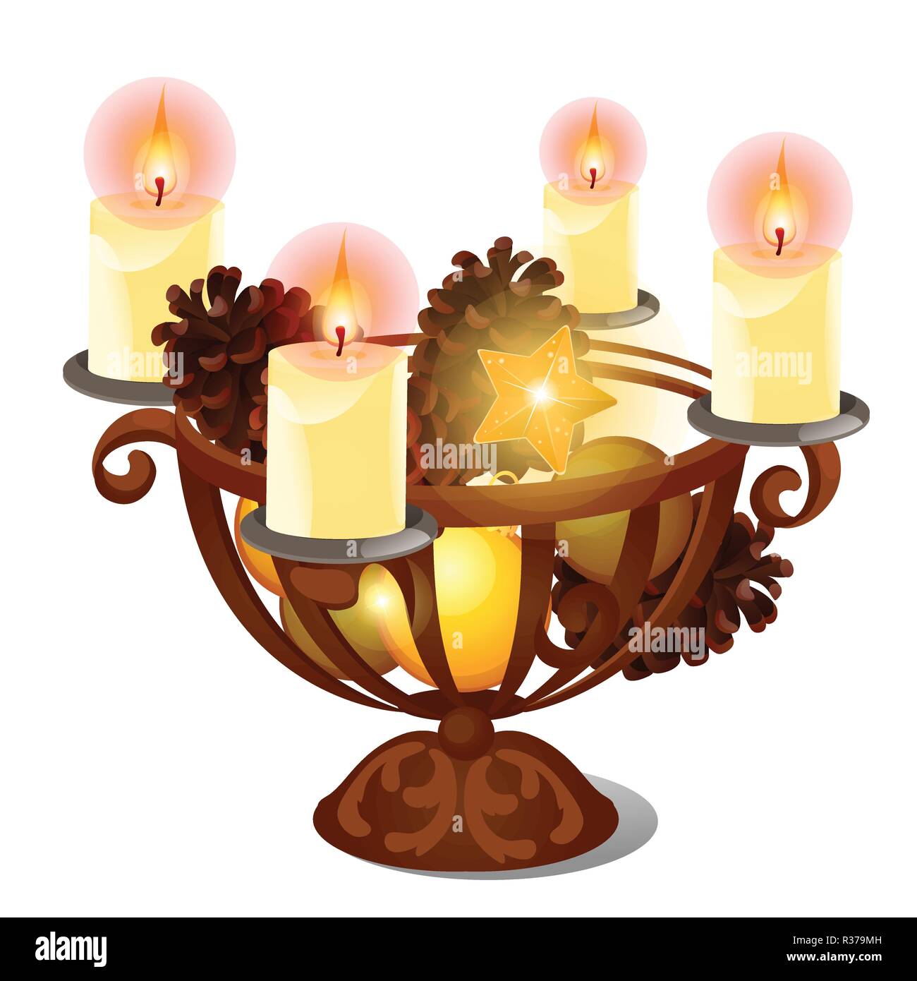 Christmas sketch with burning candles in iron candle holder with