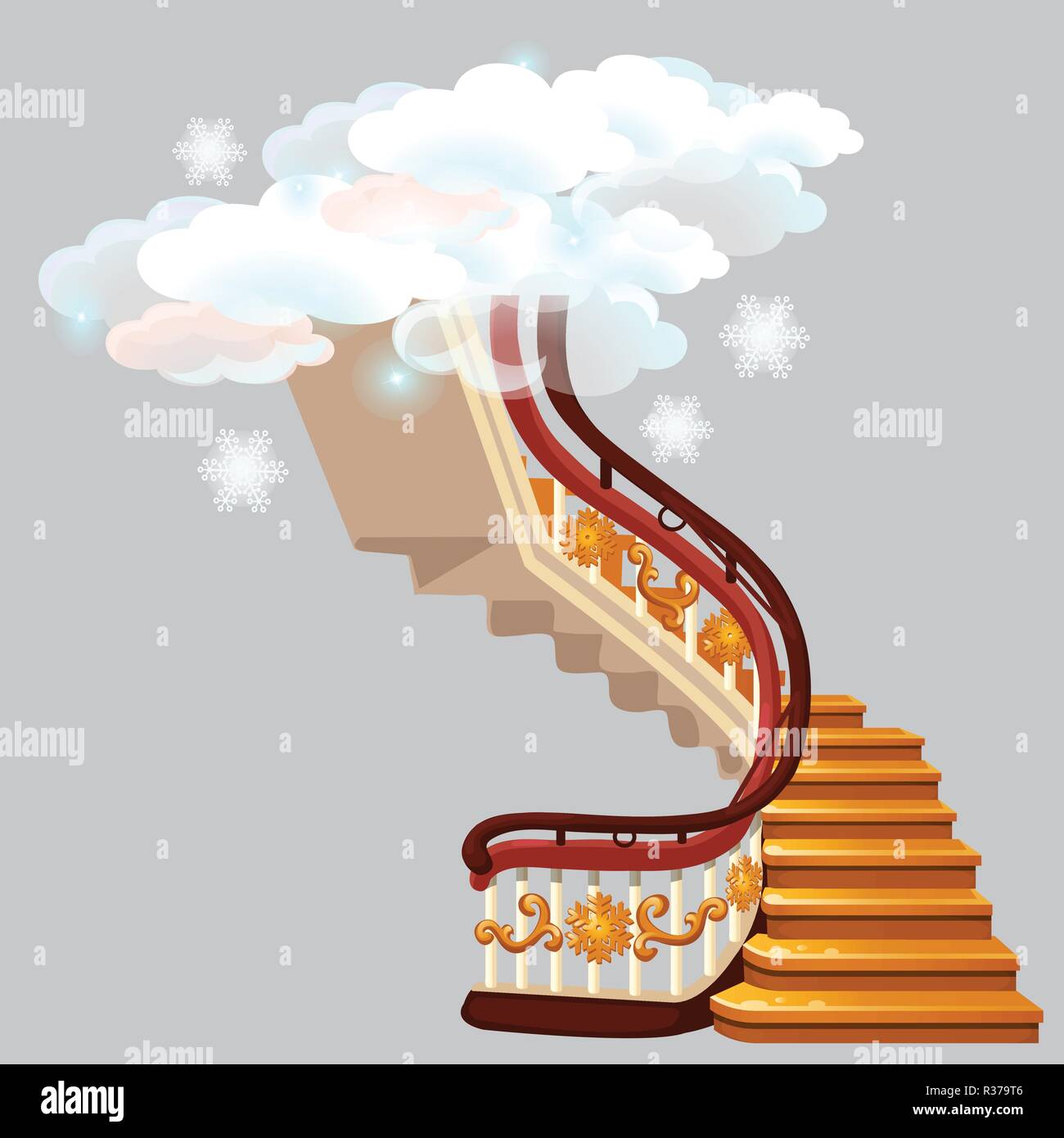 The golden stairs leading into the snow clouds with snowflakes isolated on gray background. Sketch for greeting card, festive poster or party invitations. Vector cartoon close-up illustration. Stock Vector