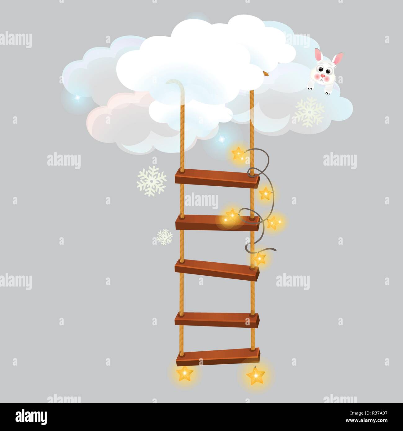 The hanging ladder leading into the snow clouds isolated on grey background. Sketch for greeting card, festive poster or party invitations. Vector cartoon close-up illustration. Stock Vector